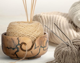 Personalized Teak Wood Yarn Bowl – Thunderstorm Resin Inlay – 7x4 Inch Crochet & Knitting Bowl with 5, 6 mm hooks – Yarn Holder Gift for Mom
