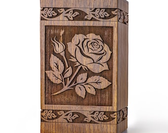 Wooden Rose Cremation Urns for Human Ashes - Decorative Funeral, Burial Urn for Adult Female - Wood Rose Love Urn with Personalization