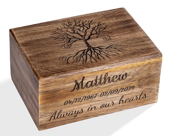 Personalized Tree of Life Urn for Ashes – Wooden Cremation Box for Human or Pet Memorial – Handcrafted Engraved Wooden Memorial for Ashes