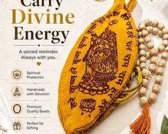 トゥルシーマラ（108珠、バッグ付き）｜シータ・ラム刻印入りジャパマラ｜10mm木製数珠｜瞑想ネックレス｜手作りスピリチュアルギフト