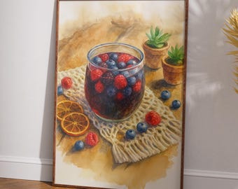 Lámina de acuarela de sangría de frutos rojos, decoración para la pared de la cocina (descarga digital)