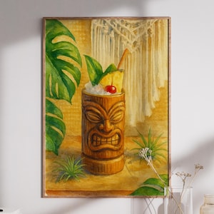 Tiki Mug Watercolor Art, Tropical Cocktail Print, Polynesian Bar Decor, Hawaiian Wall Art, Tiki Bar Art, Island Paradise Decor