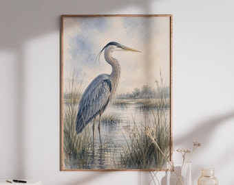 Blue Heron Marsh Print, Coastal Wall Art, Beach House Decor, Printable Botanical Art