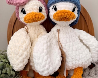 Large Crochet Duck Lovey | Handmade Snuggler with Headband or Hat | Handmade baby gift