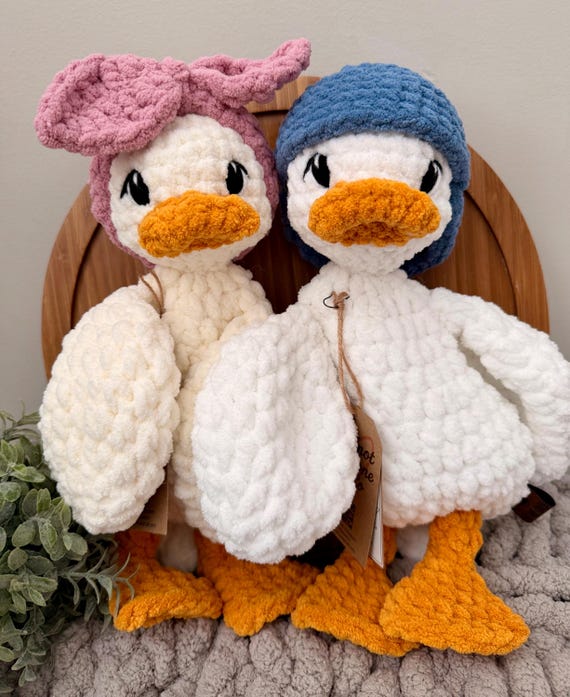 Large Crochet Duck Lovey | Handmade Snuggler with Headband or Hat | Handmade baby gift