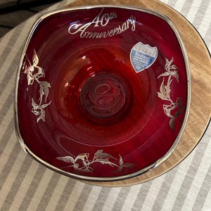 Vintage 1950's Rockwell Sterling Silver Ruby Colored 40th Anniversary Decorative Dish