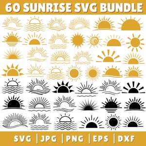 May include: A collection of 60 sunrise SVG designs in various styles. The designs include suns with rays, suns over water, and stylized suns. The image has the text "60 SUNRISE SVG BUNDLE" at the top and file type options at the bottom.