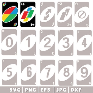 Può includere: Una collezione di carte da gioco Uno. Le carte presentano vari colori, numeri e simboli di azione speciali. Le carte sono principalmente grigie con numeri e simboli bianchi e alcune carte hanno sfondi neri con disegni colorati.