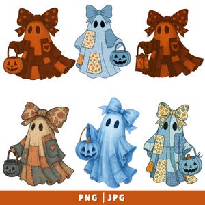 May include: Six illustrations of ghosts in patchwork designs, each with a bow and holding a lantern or pumpkin. The ghosts are in shades of orange, brown, and blue. The image includes the text "PNG | JPG".