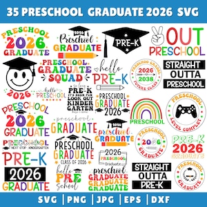 May include: A set of 35 SVG designs for preschool graduation. The designs include mortarboards, the year 2026, and phrases such as "Preschool Graduate," "Pre-K," and "Straight Outta Preschool." The colour scheme incorporates red, green, purple, and yellow.