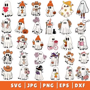 May include: A collection of whimsical ghost illustrations in various styles. Ghosts are depicted with accessories like cowboy hats, witch hats, and holding items such as coffee cups, pumpkins, and musical instruments. The image includes file type labels: SVG, JPG, PNG, EPS, and DXF.