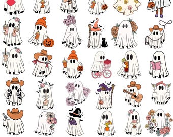 Cute Ghost Halloween svg Bundle, Retro Ghost png, Retro Floral Ghost png, Dog Ghost svg, Ghost Reading svg, Spooky Season, Halloween png,