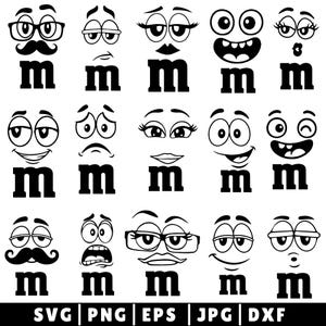 Op de afbeelding: Zwart-wit cartoon illustraties van de letter "m" met verschillende gezichtsuitdrukkingen. De ontwerpen omvatten gezichten met brillen, snorren en verschillende emoties. De afbeelding bevat ook labels voor bestandstypen: SVG, PNG, EPS, JPG en DXF.