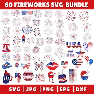 May include: A collection of 60 fireworks-themed SVG designs in red, white, and blue. Includes fireworks, patriotic symbols, and text that says "Happy 4th of July" and "USA". Formats include SVG, JPG, PNG, EPS, and DXF.