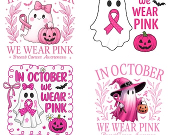 In October We Wear Pink PNG Png, Breast Cancer Awareness Png, Retro Breast Cancer Png, Halloween Pink Ghost png, Halloween Shirt Sublimation