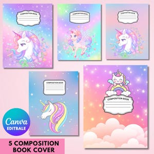 Puede incluir: Cinco portadas de cuadernos de composición con diseños de unicornios. Cada portada presenta una ilustración de unicornio diferente, con fondos pastel de color rosa, morado y azul. El texto "COMPOSITION BOOK" está en la parte superior de cada portada.
