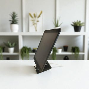 Könnte beinhalten: Ein schwarzes Tablet auf einem schwarzen Ständer mit einem weißen Ladekabel. Das Tablet ist angewinkelt und zeigt einen dunklen Bildschirm. Der Hintergrund zeigt ein weißes Regal mit verschiedenen Topfpflanzen.