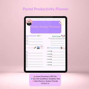 May include: A digital pastel productivity planner on a tablet. The screen displays a daily study planner with sections for top priorities, a to-do list, and a study schedule. The planner is 8.5x11 inches and includes the text "Daily Study Planner".