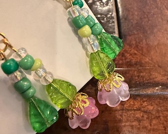 Pink and Green Dangle Flower Earrings