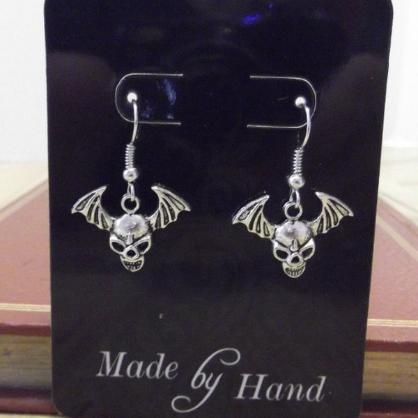 Skull Pierced Earrings Handmade Antique Silver Winged Charm  Dangle