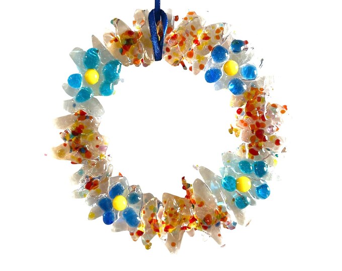 Fused Glass Crystal Wreath Suncatcher, Glass Window Decoration, Flower Suncatcher