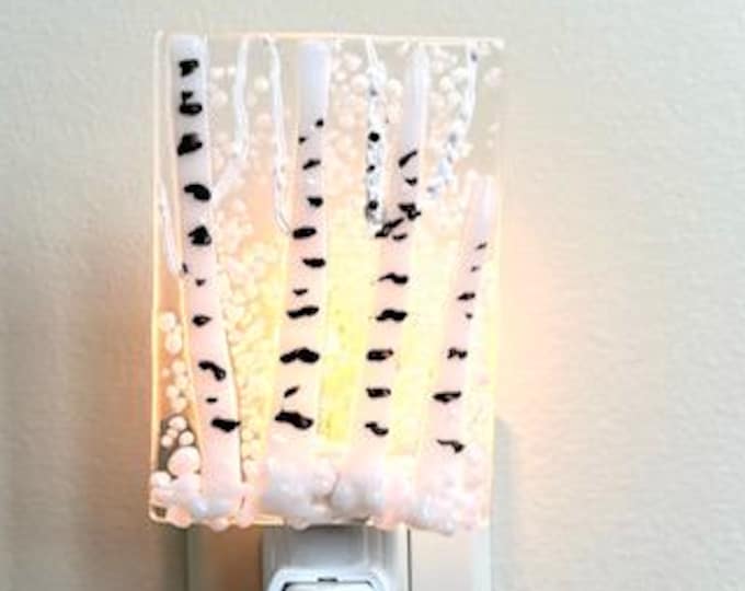 Winter Aspen/Birch Trees Fused Glass Night Light, Bringing the Outdoors In, Bedroom, Bathroom, Nature Inspired, Plug In Accent Light
