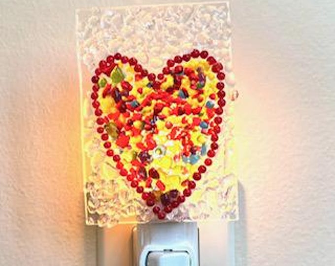 Colorful Heart Night Light, Fused Glass Night Light, Heart Night Light, Glass Night Light, Love Night Light