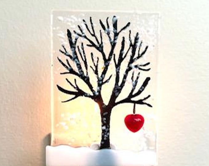 Winter Tree with Heart Fused Glass Night Light, Bringing the Outdoors In, Bedroom, Bathroom, Hallway Light, Nature Inspired, Accent Light