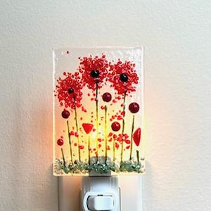 Poppy Flower Fused Glass Night Light: Indoor Decor