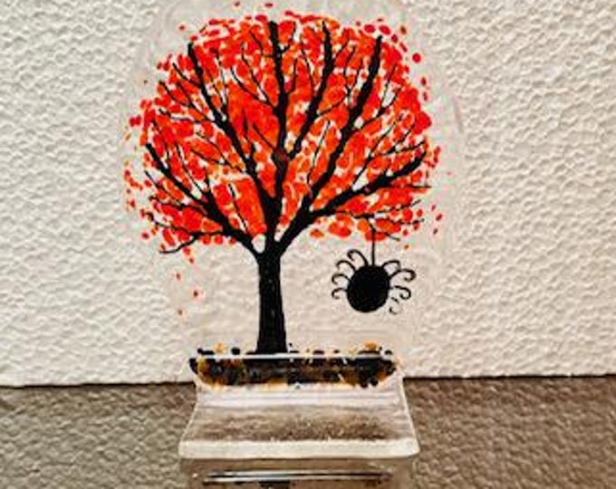 Spooky Spider Halloween Tree, Fused Glass Halloween Tree, Halloween Decoration, Freestanding Glass Art