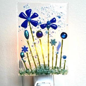 Fused Glass Night Light: Blue Flower Accent Lighting
