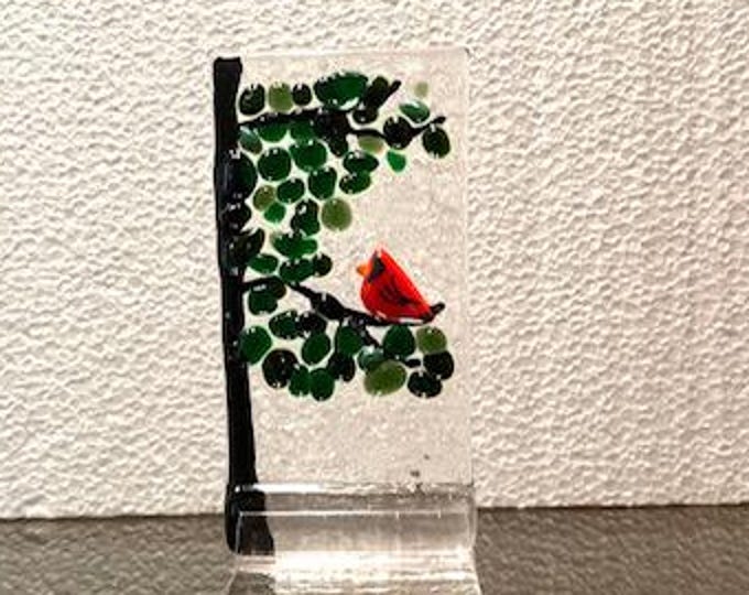 Cardinal Bird Freestanding Shelf Art, Red Bird Glass Art, Fused Glass , Memorial Gift