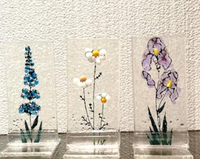 Fused Glass Free Standing Botanicals Desk or Counter Decoration, Bringing the Outside In.  Choose either Iris, Daisy, or Blue Flower