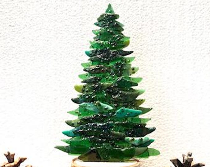 Fused Glass Freestanding Evergreen Tree on wood base, Glass Evergreen Tree, Christmas Tree, Green Glass Tree