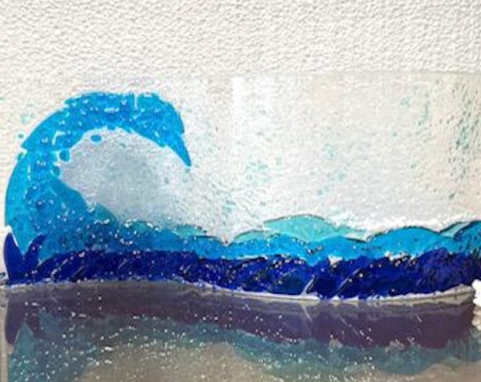 Rolling Wave, Glass Ocean Wave with Sea Spray, Curved Glass Sculpture, Beach Decor, Blue Wave, Window or Shelf Decor