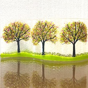 Springtime Trees Fused Glass Shelf Art: Home Decor (10&quot; x 4&quot;)