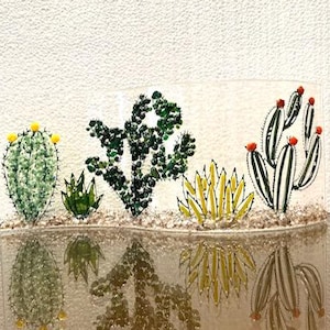 Fused Glass Cactus Garden Art: Desert Landscape Shelf Decor