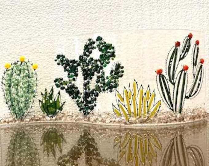Succulent Cactus Garden,  Curved Fused Glass Shelf Art, Home Decor, Window Sill Art, Bringing the Outdoors In, Desert Landscape