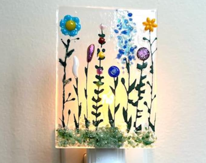 Flower Garden Fused Glass Night Light, Bringing the Outdoors In, Bedroom, Bathroom, Hallway Light, Nature Inspired, Plug In