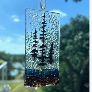 Fused Glass Sun Catcher, Evergreen Forest Sun Catcher. Bring the Outside In, Hanger Included