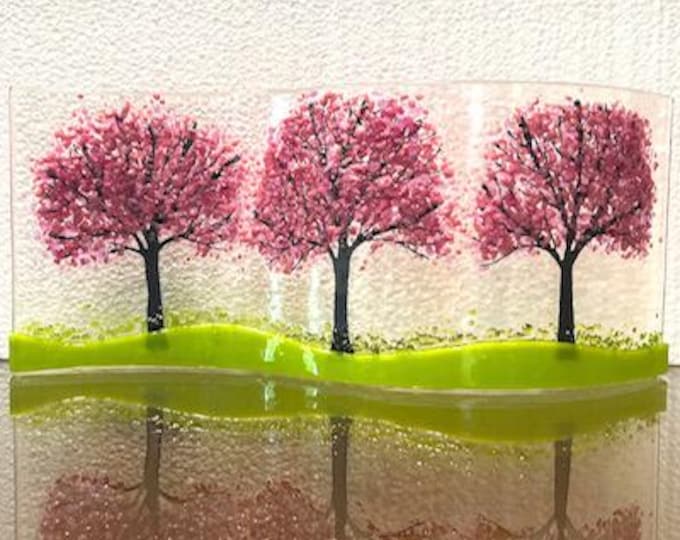Cherry Blossoms Curved Glass  Shelf Art, Home Decor, Window Sill Art, Bringing the Outdoors In, Flower Glass Art