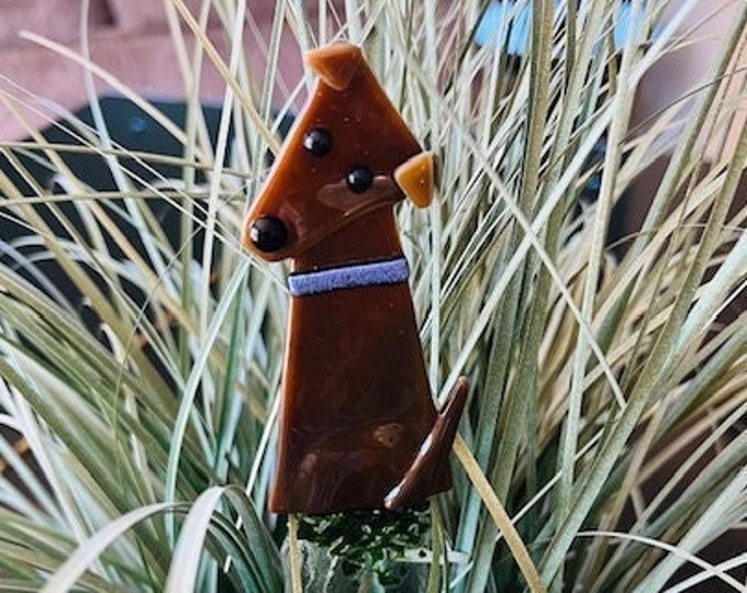 Fused Glass CLEO, the planter pooch, Whimsical Dog Plant Stake, Plant Adornment, Pot Decoration