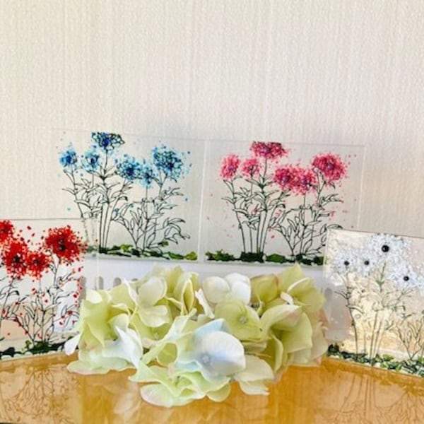 Fused Glass Everlasting Flowers, Flower Poms, Forever Flowers, Glass Art Flowers on Glass Stand