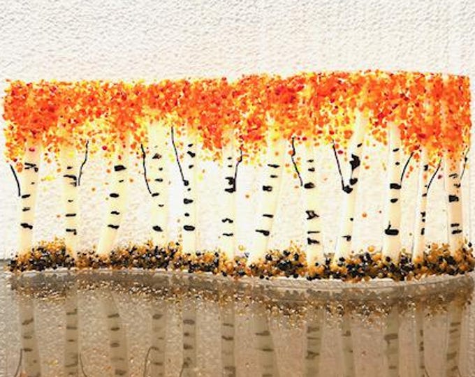 Fused Glass Curved Golden Aspen Trees in Autumn, Birch Forest in Fall, Glass Shelf Art, Fused Glass Art Sculpture, Bringing the Outdoors In