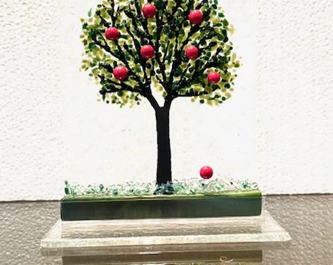 Summer Tree Fused Glass Art, Sun Catcher Window Light Catcher, Shelf Art, Windowsill Art, Glass Apple Tree