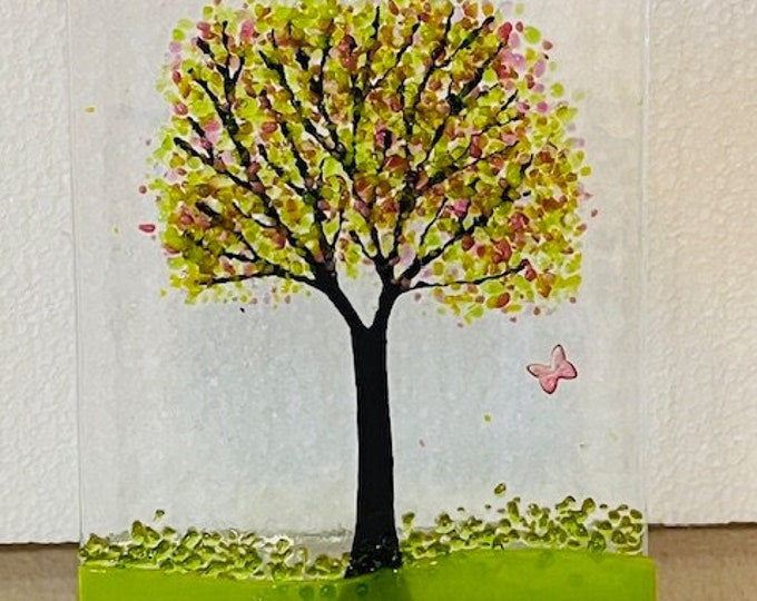 Spring Tree Fused Glass Art with Butterfly, Spring Decor, Sun Catcher Window Light Catcher, Shelf Art, Windowsill Art