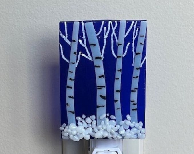 Winter Aspen/Birch Trees Fused Glass Night Light, Bringing the Outdoors In, Bedroom, Bathroom, Nature Inspired, Plug In Accent Light