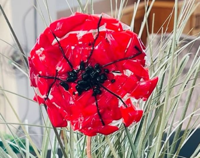 Fused Glass Red Poppy Flower Plant Stake, Garden Stake, Indoor or Outdoor Plant Stake, Poppy Glass Flower