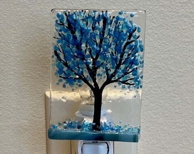 Blue Tree Fused Glass Night Light, Bringing the Outdoors In, Bedroom, Bathroom, Hallway Light, Nature Inspired, Plug In Accent Light