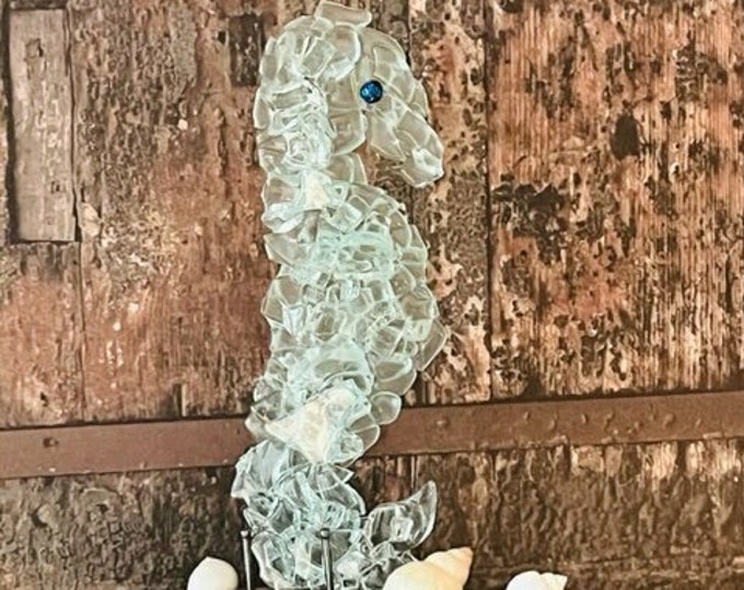 Fused Glass Seahorse Sculpture on Driftwood Base with shell embellishments, Glass Seahorse, Beach Decor